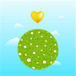 Grass Ball With Yellow Heart Shape Balloon, Flowers And Clouds