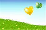Heart Shape Balloons Above Grass Hill With Yellow Flowers