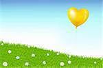 Heart Shape Balloon Like As Sun Above Grass Hill With White Daisies