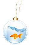 Christmas Glasses Ball With GoldFish In Water Inside, Isolated On white