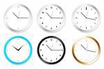Set of six clocks on Wall, Isolated on White