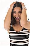 Young adult African-Indian businesswoman in casual office outfit with various facial expressions on a white background. Not Isolated