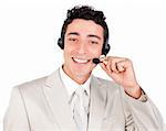 Charismatic ethnic businessman with headset on isolated on a white background