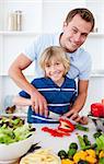 Cheerful father and his son cooking at home