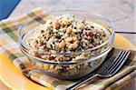 A vegan favorite. Couscous salad made with sunflower seeds, and assorted beans such as farro, kidney beans. Topped with dressing made with olive oil, herbs and select spices.