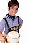 Asian man holding an Oktoberfest beer stein into camera and smiles happy. Isolated on white.