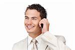 Smiling young businessman on phone against a white background