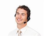 Hispanic customer service agent with headset on against a white background