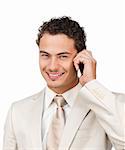 Young hispanic businessman using a mobile phone against a white background