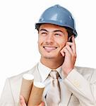 Assertive young architect on phone against a white background