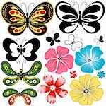 Set abstract handwork butterflies and  flowers for design on white (vector)