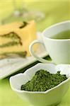 Japanese Matcha green tea powder, tea and cake