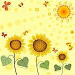 Yellow summer background with sunflowers, the sun and butterflies