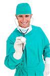 Charismatic surgeon holding a stethoscope against a white background