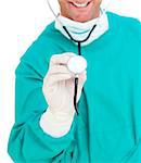 Close-up of surgeon holding a stethoscope against a white background