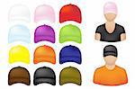 People Icons With Set Of Colorful Baseball Caps, Isolated On White