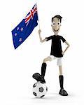 Smiling cartoon style soccer player with ball and New Zeland flag
