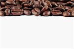 Coffee bean border on white background. Shallow dof