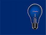 A light bulb over a blue background. Tungsten glowing filament. Copy space.