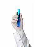 A doctor's hand holds a test tube filled in with a blue liquid. Isolated on white.