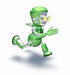 A cute green glossy shiny silver metallic robot character exerting himself by running very hard and fast. He is sweating with perspiration flying off in drops.