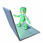 Cute shiny 3d robot character using a giant laptop pointing at the screen.