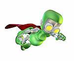 A cute green glossy shiny silver metallic superhero super hero robot character flying through the air with a red cape in a classic superhero pose.