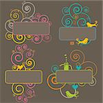 4 retro design elements with cute birds. Put your text in the frames.