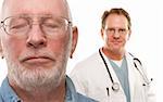 Concerned Senior Man with Male Doctor Behind Isolated on a White Background.