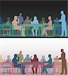 Two color versions of the same editable vector scene of people eating in a restaurant