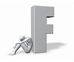 sitting man leans on uppercase letter f - 3d illustration