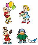 Set of cartoon drawing of children, babies, different activities, vector illustration