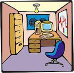 Cartoon Office, a room with desk, personal computer, map, cabinet and chair, vector illustration