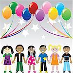 Vector Illustration. Six children holding hands under colorful ballons and stars. Card, Cover, Invitation or web.