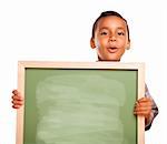 Cute Hispanic Boy Holding Blank Chalkboard Isolated on a White Background.