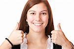 Portrait of young happy Bavarian Woman in Dirndl with thumbs up. Isolated on white background.