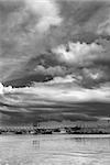 Cloud scenery of harbor with boats on dock.