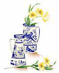 illustration drawing of beautiful yellow narcissus flower and chinaware in a white background