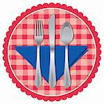 Vector illustration of spoon, fork and knife on plaid background