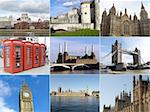 London landmarks collage including Big Ben, Houses of Parliament and more