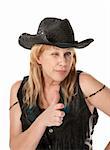 Winking middle-aged woman with black cowboy hat