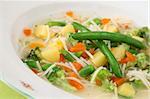 Delicious vegetable soup with carrot, potato, broccoli, green beans, parsley and noodles