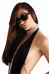 closeup portrait of pretty brunette with long dark hair sunglasses and jewellery