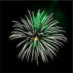 A green and orange burst of fireworks in the night sky