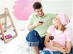 Cheerful couple drinking a glass wine sitting on a sofa