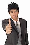 Thumbs up holding by young businessman on white background.