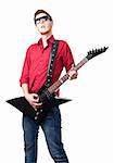 Portrait of young musician holding electric guitar - isolated