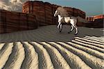 A beautiful white stallion stands near weathered canyon cliffs.