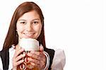 /Portrait of happy Bavarian woman with Oktoberfest beer stein. Isolated on white background.