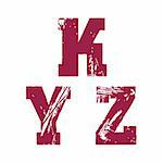 Grunge vector K, Y & Z letters - vector type alphabet - slab serif font - Vector art in EPS format. The different graphics are all on separate layers so they can easily be moved or edited individually. The text has been converted to paths, so no fonts are required. The document can be scaled to any size without loss of quality.